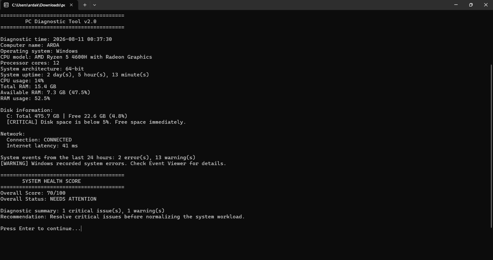 PC Diagnostic Tool v2.0 demo ekran görüntüsü